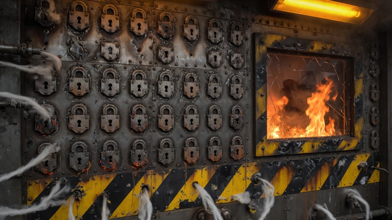 Close view of a scorched battlestar bulkhead: a lattice of lock-shaped glyphs, orange fire roaring behind a viewport, yellow-black hazard stripes, and CIC amber lighting.