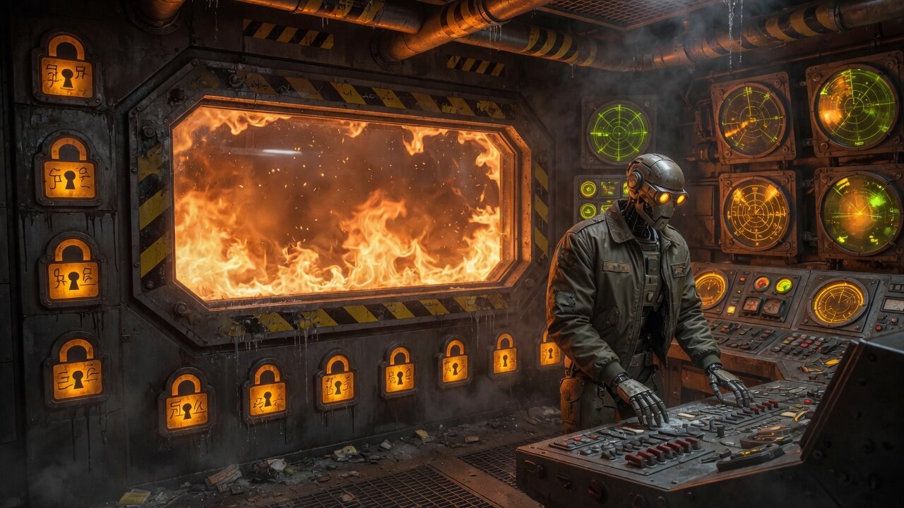 A weathered humanoid robot in a colonial-navy flight jacket stands at a steel CIC console while amber lock-glyphs glow on gunmetal bulkheads and an orange plasma firewall burns behind a thick viewport.