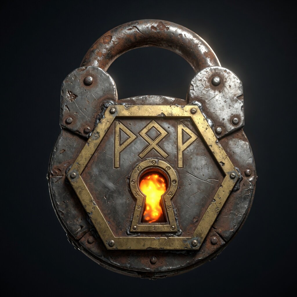 A massive weathered steel padlock fused with a hexagonal lock-glyph rune, brass inlay, glowing amber keyhole on a dark void.